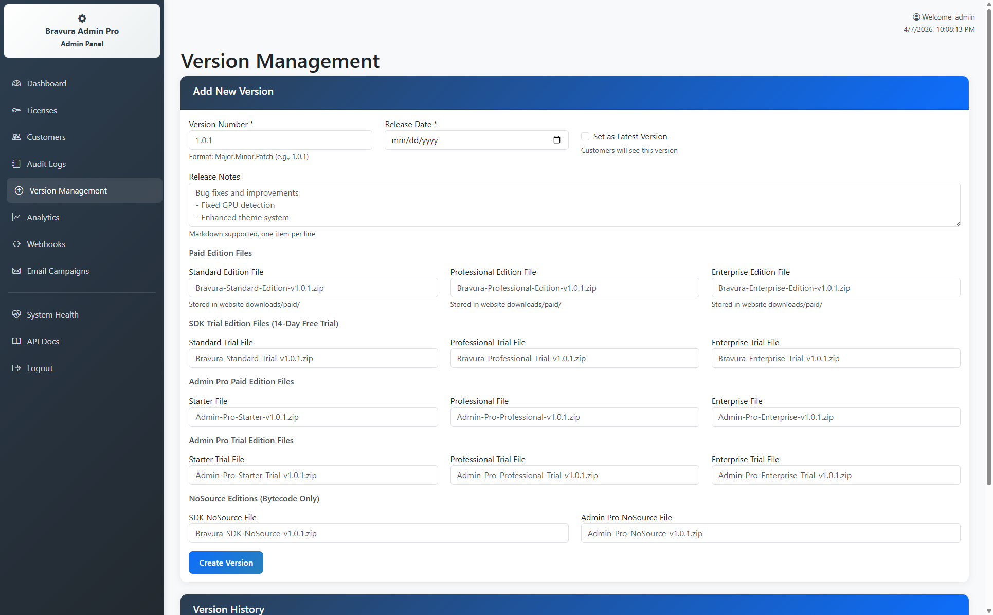 Version Management Panel