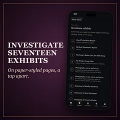 What is inside the digital edition, on a phone: the list of seventeen exhibits, an exhibit with its text blurred, the shared worksheet, the hints and the commit dialog; then One evening. Seventeen exhibits. Four answers.