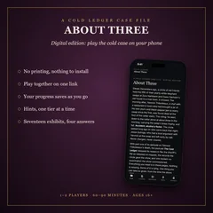 About Three digital edition: a phone showing the case's opening page, beside what the digital edition does: no printing, nothing to install, play together on one link, progress saves as you go, hints one tier at a time, seventeen exhibits and four answers. Along the bottom: 1 to 2 players, 60 to 90 minutes, ages 16+.