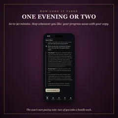 How long it takes: one evening or two. 60 to 90 minutes, and your progress saves with your copy. A phone showing the case's pacing note: two detectives take a starting bundle each, or one plays in two sittings.
