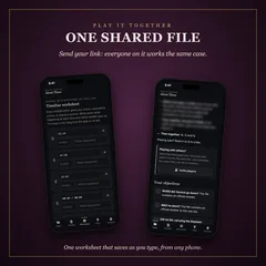 Two phones: the shared timeline worksheet with its time rows, and the Invite players button that sends the case link to a partner.