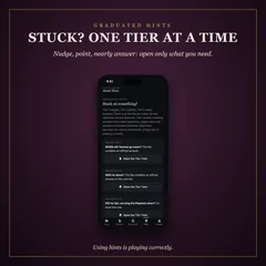 A phone showing the hints page: each objective with a button to open its next hint tier.
