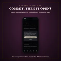 A phone showing the confirmation before committing answers: once committed, the sealed solution opens.