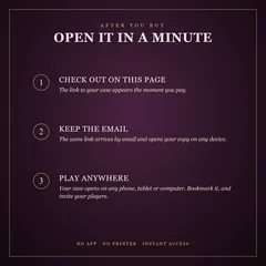 Three steps: check out on this page and the link to your case appears the moment you pay; the same link arrives by email and opens your copy on any device; and the case opens on any phone, tablet or computer.