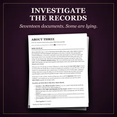 What is inside the printable edition: the case file's pages turning, the exhibits' text blurred; the timeline worksheet; three hint tiers, blurred; the sealed solution's warning page; then One evening. Seventeen documents. Four answers.