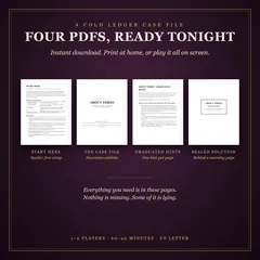 The first page of each of About Three's four PDFs: Start Here, the case file cover, the graduated hints and the sealed solution's warning page.