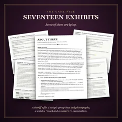 Five pages of the case file fanned on a dark table: the How to Play page on top, and four exhibit pages beneath it with their titles showing and their text blurred to avoid spoilers.