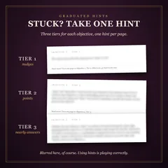 Three hint pages, Tier 1 nudges, Tier 2 points and Tier 3 nearly answers, each showing only its objective and tier line, the hint itself blurred. Using hints is playing correctly.