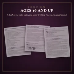 Content note: ages 16 and up. A death on the cellar stairs, and heavy drinking. No gore, no sexual assault. Behind it, exhibit pages with their text blurred.