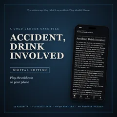 Animated cover of Accident, Drink Involved digital edition, beside a phone showing the case's opening page. Frost grows in from the edges of the dark blue cover, then the title ices over, frost spreading across its letters.