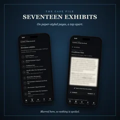 Two phones: the list of seventeen exhibits with their titles, and one exhibit open on a paper-styled page, its text blurred to avoid spoilers.
