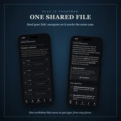 Two phones: the shared timeline worksheet with its time rows, and the Invite players button that sends the case link to a partner.