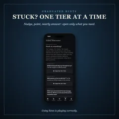 A phone showing the hints page: each objective with a button to open its next hint tier.