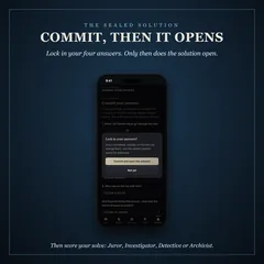 A phone showing the confirmation before committing answers: once committed, the sealed solution opens.