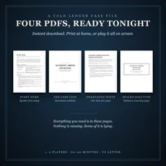The first page of each of Accident, Drink Involved's four PDFs: Start Here, the case file cover, the graduated hints and the sealed solution's warning page.