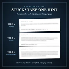 Three hint pages, Tier 1 nudges, Tier 2 points and Tier 3 nearly answers, each showing only its objective and tier line, the hint itself blurred. Using hints is playing correctly.