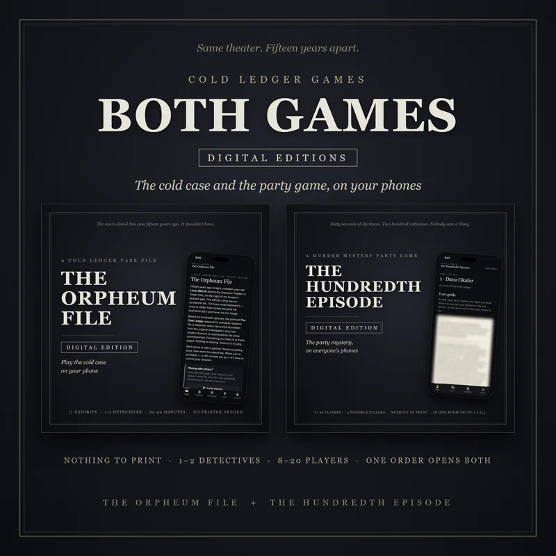 The Cold Ledger Games digital bundle cover: Both games, Digital editions, the cold case and the party game, on your phones. The two digital edition covers side by side.