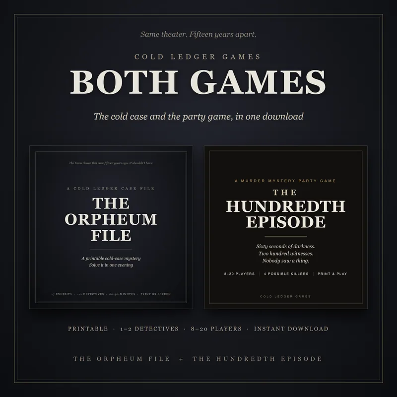 The Cold Ledger Games bundle cover: Both games, the cold case and the party game, in one download. The Orpheum File's cover beside The Hundredth Episode's. Above: Same theater. Fifteen years apart.