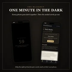 The blackout, one minute in the dark: every phone goes dark together, then the sealed cards go out. Two phones: one dark, counting down from 59 under The lights are out, and one with Dana Okafor's sealed card, unopened. Only the eight primaries get a card, each on their own phone.