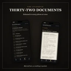 The evidence, thirty-two documents, released to every phone at once. Two phones: the evidence list, Wave 1, The Room, with titles such as The Stage Mic Log, and one document, The Show Rundown, open on a paper-styled page. Blurred here, so nothing is spoiled.