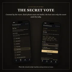 Accusations and the secret vote, counted by the room: each phone casts one ballot, and the host sees only the count until the tally. Two phones: a player's ballot with Sonny Ibarra ticked, and the host's tally with the button that opens the solution. Then the reveal script reaches every screen at once.
