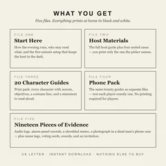 What you get: five files that print at home in black and white. Start Here, the setup that keeps the host in the dark; Host Materials, the host guide and four sealed cases; 20 Character Guides to print; the Phone Pack, the same guides as separate files; and Nineteen Pieces of Evidence. US Letter, instant download, nothing else to buy.