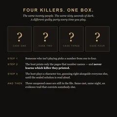 Four killers. One box. The same twenty people and sixty seconds of dark, a different guilty party every time you play: four sealed cases. Someone not playing picks one, the host prints only its pages and never learns which killer they printed, then plays a character until the sealed solution is read aloud. Three cases stay unopened.