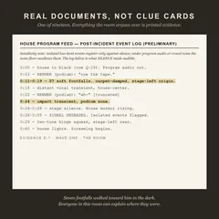 Real documents, not clue cards: evidence E-1 of nineteen, the house program feed's event log from house to black at 0:00 to house lights at 0:60, soft footfalls at 0:11 to 0:19 and an impact at 0:24 highlighted. Below: Seven footfalls walked toward him in the dark. Everyone in this room can explain where they were.