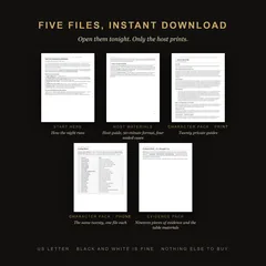 The first page of each file in The Hundredth Episode download: Start Here, Host Materials, the print and phone character packs, and the evidence pack.