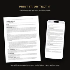 A character guide on paper and on a phone, its secrets blurred. Each guest gets a private two-page guide and can read it on a phone.