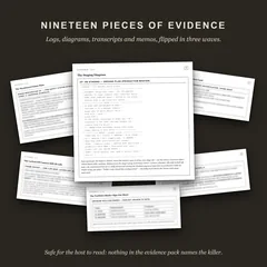 Printed evidence sheets fanned on a desk, the staging diagram on top: some of the nineteen logs, diagrams, transcripts and memos the room examines.