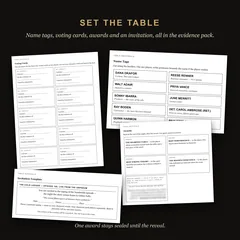 Table materials from the evidence pack: voting cards, name tags, awards with one sealed award blurred, and a party invitation template.