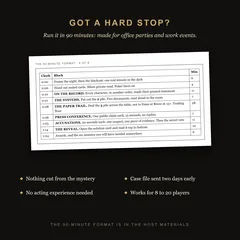 The 90-minute schedule from the host materials, for office parties and work events: nothing cut from the mystery, no acting needed, 8 to 20 players.