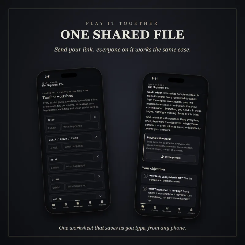Two phones: the shared timeline worksheet with its time rows, and the Invite players button that sends the case link to a partner.