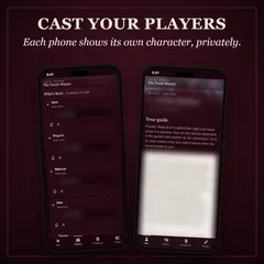 What the digital edition runs on everyone's phones: each phone shows its own character, privately; eight sealed cards, each on its own phone; the evidence, wave by wave, on every phone at once; a secret vote the room counts. Then 8 to 20 players, nothing to print, and the host plays too.