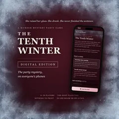 Animated cover of The Tenth Winter digital edition, beside a phone showing the host page. Frost grows in from the edges of the wine-red cover, then the title ices over as the music lands.