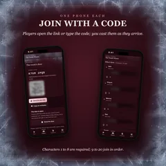 One phone each: players open the link or type the code, and you cast them as they arrive. Two phones: the room's door with its QR code blurred, and the host's player list, each guest's character blurred. Characters 1 to 8 are required; 9 to 20 join in order.