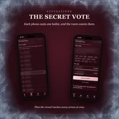 The secret vote: each phone casts one ballot, and the room counts them. Two phones: a player's ballot, one name ticked, and the host's tally, ten votes to four, every name blurred. Then the reveal reaches every screen at once.