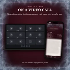 Remote teams, on a video call: players join with the link from anywhere, and each phone is its own character. A laptop showing a video call of twelve people beside a player's phone, the character and the guide blurred. The host runs the night from one phone.