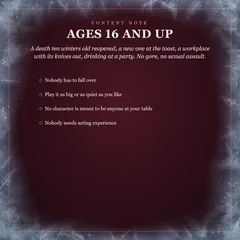 Content note: ages 16 and up. A death ten winters old reopened, a new one at the toast, a workplace with its knives out, drinking at a party. No gore, no sexual assault. Nobody has to fall over; play it as big or as quiet as you like; no character is meant to be anyone at your table; no acting needed.
