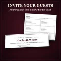 What is inside the printable party game: an invitation and a name tag for each guest; each guest's private guide, on paper or a phone; a house plan, logs and a group chat to investigate; a secret vote, then the reveal. Then 8 to 20 players, four possible killers, and the host plays too.