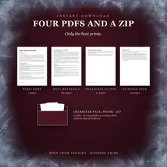 Four PDFs and a zip, instant download; only the host prints. The first page of each, titles showing, text blurred: Start Here, 3 pages; Host Materials, 84; Character Guides, 41; Evidence Pack, 32. The phone pack zip, 22 files: twenty guides, a casting sheet and the shared evidence.