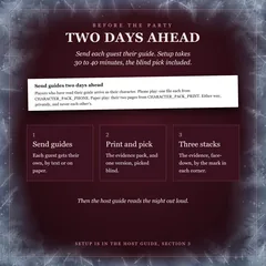 Before the party: send each guest their guide two days ahead; setup takes 30 to 40 minutes, the blind pick included. Start Here on sending guides, then three steps: send guides; print the evidence pack and one version, picked blind; sort the evidence into three face-down stacks. Then the host guide reads the night out loud.