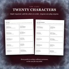 Twenty characters: eight required, add the others in order, anyone can play anyone. Two pages of name tags from the evidence pack, character 1 to 20, every name and role blurred. Every guide is written without a pronoun, so the cast fits any table.