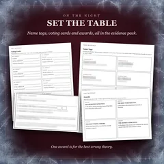 Set the table: name tags with the names blurred, voting cards, a team verdict card blurred, and the awards, all in the evidence pack: the sharpest detective, the best performance, the best wrong theory and the room's conscience. One award is for the best wrong theory.