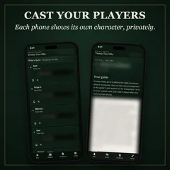 What the digital edition runs on everyone's phones: each phone shows its own character, privately; eight sealed cards, each on its own phone; the evidence, round by round, on every phone at once; a secret vote the room counts. Then 8 to 20 players, nothing to print, on everyone's phones.
