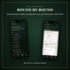The evidence, round by round: every document reaches every phone at once, as the host opens each round. Two phones: the evidence list, the start pages, the swap board and round 1, the camera, with every title blurred, and one document, The House Plan, open with its drawing blurred. Blurred here, so nothing is spoiled.