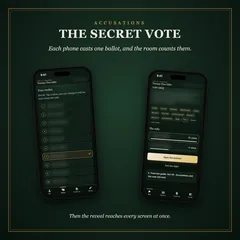 The secret vote: each phone casts one ballot, and the room counts them. Two phones: a player's ballot, one name ticked, and the host's tally, ten votes to four, every name blurred. Then the reveal reaches every screen at once.