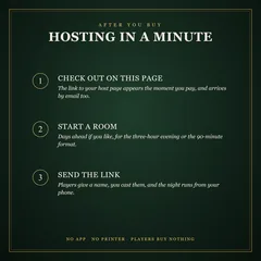 After you buy, hosting in a minute: check out on this page, and the link to your host page appears at once and by email; start a room, days ahead if you like, for the three-hour evening or the 90-minute format; send the link, cast your players, and your phone runs the night. No app, no printer, players buy nothing.