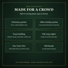 Made for a crowd: eight to twenty guests, ages 16 and up. Christmas parties, set at a white-elephant swap; office holiday parties, a 90-minute format; team building, detective teams; gift swap nights, swap for real first; New Year's Eve, about three hours; old friends, a circle sixteen swaps in.